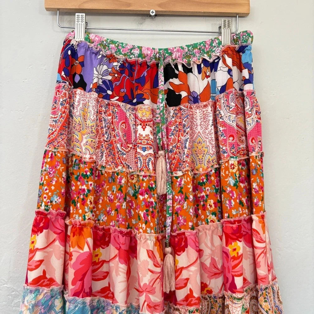 White Burch Floral Maxi Skirt Women Large Multicolor Tiered Gypsy Pull On Flaw - Picture 3 of 14